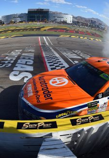 LAS VEGAS, NV - SEPTEMBER 16: Brad Keselowski (2) Team Penske Ford Fusion celebrates the victory with a burnout over the start/finish line during the Monster Energy NASCAR Cup Series Playoff Race South Point 400 on September 16, 2018, at the Las Vegas Motor Speedway in Las Vegas, NV. (Photo by Chris Williams/Icon Sportswire)