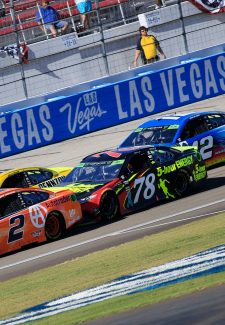 LAS VEGAS, NV - SEPTEMBER 16: Martin Truex Jr. (78) Barney Visser Furniture Row Racing Toyota Camry pushes on the leader Brad Keselowski (2) Team Penske Ford Fusion on restart in the final laps of the South Point 400 Monster Energy NASCAR Cup Series Playoff Race on September 16, 2018, at Las Vegas Motor Speedway in Las Vegas, NV.  (Photo by David J. Griffin/Icon Sportswire)
