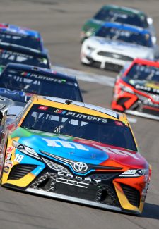 LAS VEGAS, NEVADA - SEPTEMBER 27: Kyle Busch, driver of the #18 M&M's Toyota, leads a pack of cars during the NASCAR Cup Series South Point 400 at Las Vegas Motor Speedway on September 27, 2020 in Las Vegas, Nevada. (Photo by Brian Lawdermilk/Getty Images)