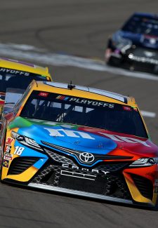 LAS VEGAS, NEVADA - SEPTEMBER 27: Kyle Busch, driver of the #18 M&M's Toyota, leads a pack of cars during the NASCAR Cup Series South Point 400 at Las Vegas Motor Speedway on September 27, 2020 in Las Vegas, Nevada. (Photo by Brian Lawdermilk/Getty Images)