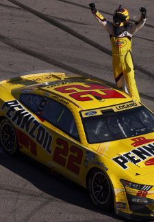 LAS VEGAS, NEVADA - OCTOBER 16: Joey Logano, driver of the #22 Shell Pennzoil Ford, celebrates after winning the NASCAR Cup Series South Point 400 at Las Vegas Motor Speedway on October 16, 2022 in Las Vegas, Nevada. (Photo by Jonathan Bachman/Getty Images)