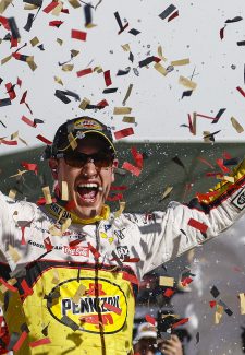 LAS VEGAS, NEVADA - OCTOBER 16: Joey Logano, driver of the #22 Shell Pennzoil Ford, celebrates in victory lane after winning the NASCAR Cup Series South Point 400 at Las Vegas Motor Speedway on October 16, 2022 in Las Vegas, Nevada. (Photo by Sean Gardner/Getty Images)